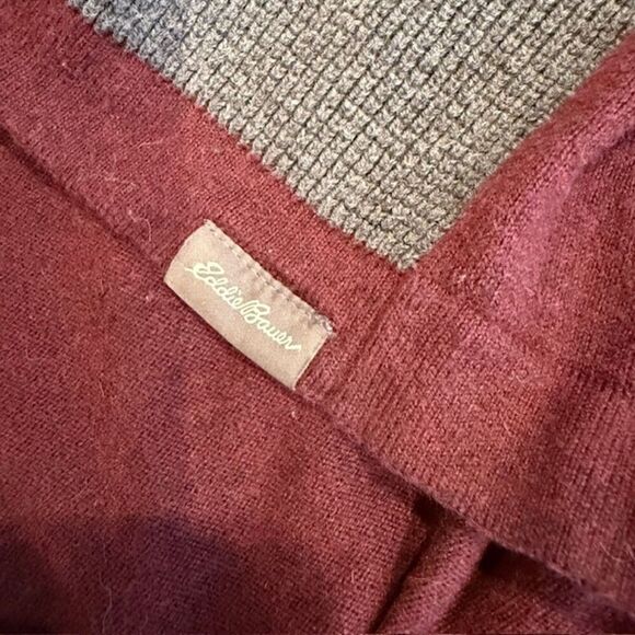 Eddie Bauer Merino Wool Blend Sweater with waffle knit Front Burgundy Gray XLT - Picture 7 of 13